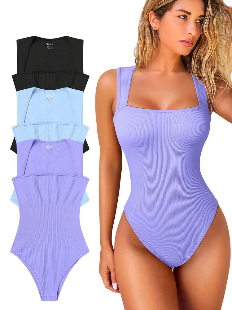 OQQ 3 Piece Bodysuits For Women Sexy Ribbed Strappy Square Neck Stretch Tank Tops Bodysuits - Black,Light Roland,Candy Blue - View 1