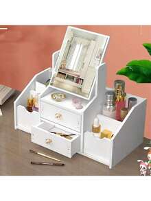 Swivel Dormitory Dresser, Student Dormitory Dresser With Makeup Mirror, Small Makeup Storage Table, Desktop Storage HD Makeup Mirror, Large Capacity Multi-Layer Organizer, Suitable For Home, School. - 白色方鏡 - 查看 6