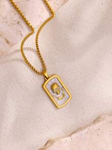 1Pc Gothic Style Skull Square Pendant Necklace, Punk Drip Oil Skull Gold Stainless Steel Necklace, Unisex Jewelry Fashion Accessories, Halloween And Christmas Gifts