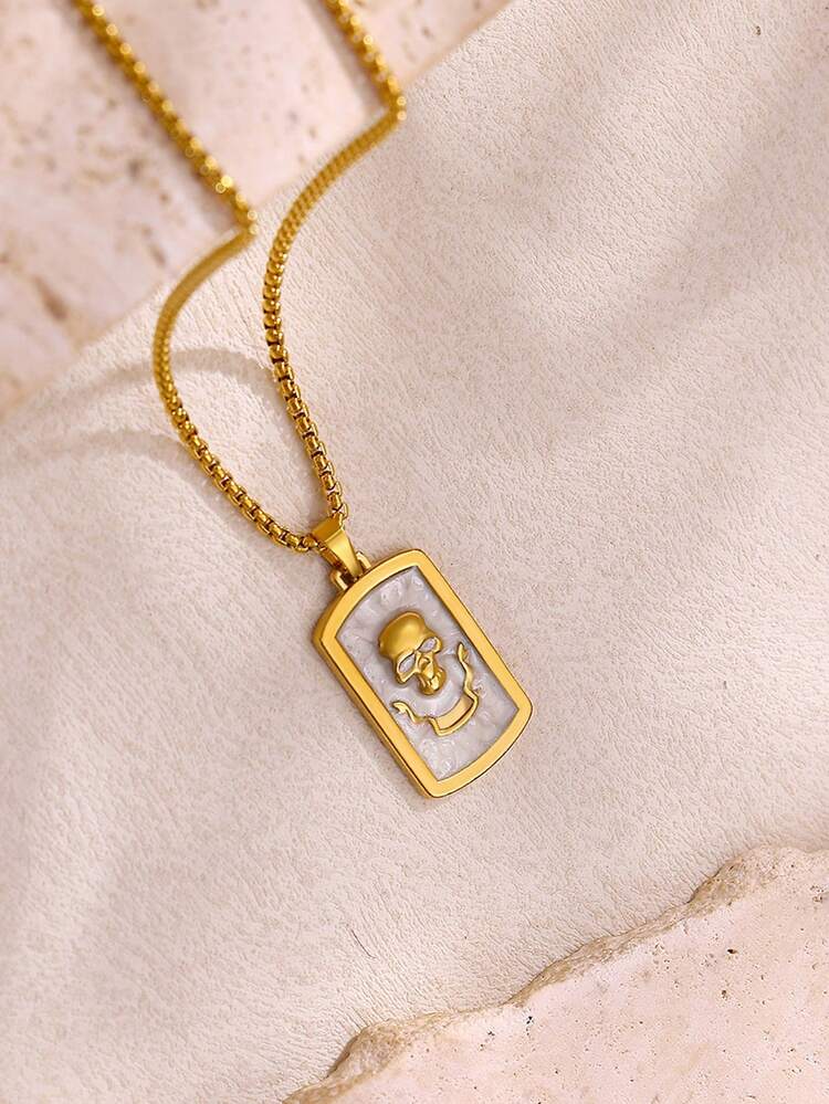 1 件哥特式骷髅方形吊坠项链，朋克滴油骷髅金色不锈钢项链，男女通用珠宝时尚配饰，万圣节和圣诞节礼物 - 骷髏頭 - 查看 4