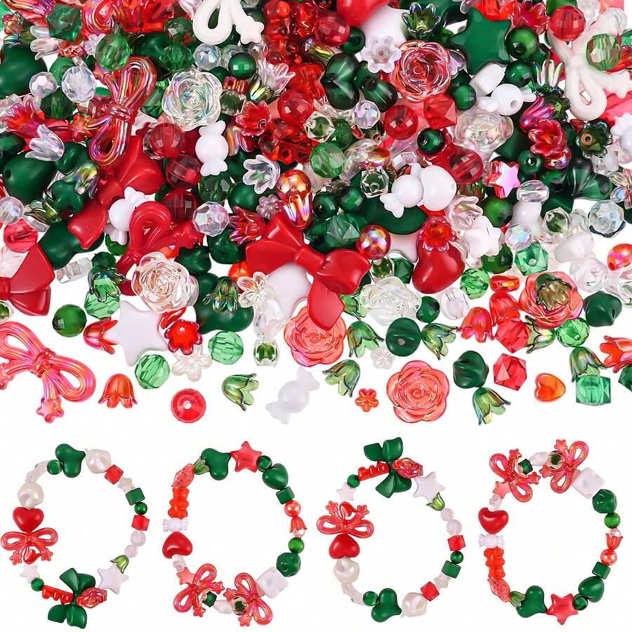 1 包/40 克圣诞节混合串珠，适用于手链、项链、手机链、圣诞礼物、花朵、蝴蝶结、心形图案混合亚克力串珠、DIY 珠宝制作配件