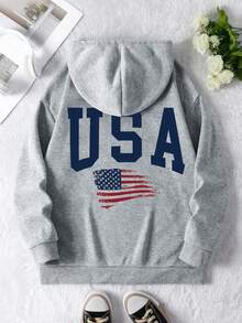 Plus Size Women's USA - Themed Text National Flag Element Vintage Style Pattern Graphic Sweatshirt | Loose Casual Fall & Winter - Light Grey - View 4