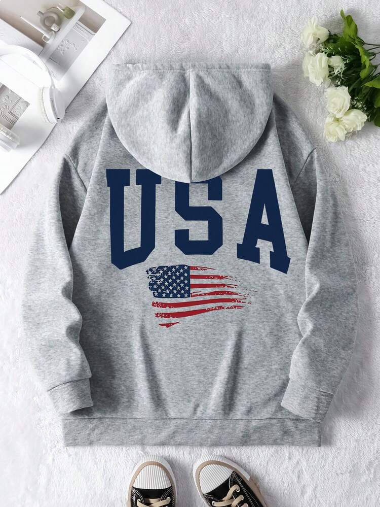 Plus Size Women's USA - Themed Text National Flag Element Vintage Style Pattern Graphic Sweatshirt | Loose Casual Fall & Winter - Light Grey - View 4