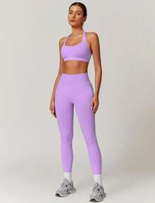 Workout Sets For Women Seamless Scunch Butt Lifting Impact Leggings Halter Sports Bra 2 Piece Gym Outfits - Câu cá Longline Red - Xem 10