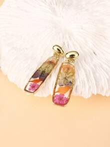 一对时尚多色干花树脂效果矩形吊坠耳环，精致百搭，适合女性佩戴，适合度假、派对和日常佩戴。实物干花与图片略有差异 - 彩色 - 查看 2