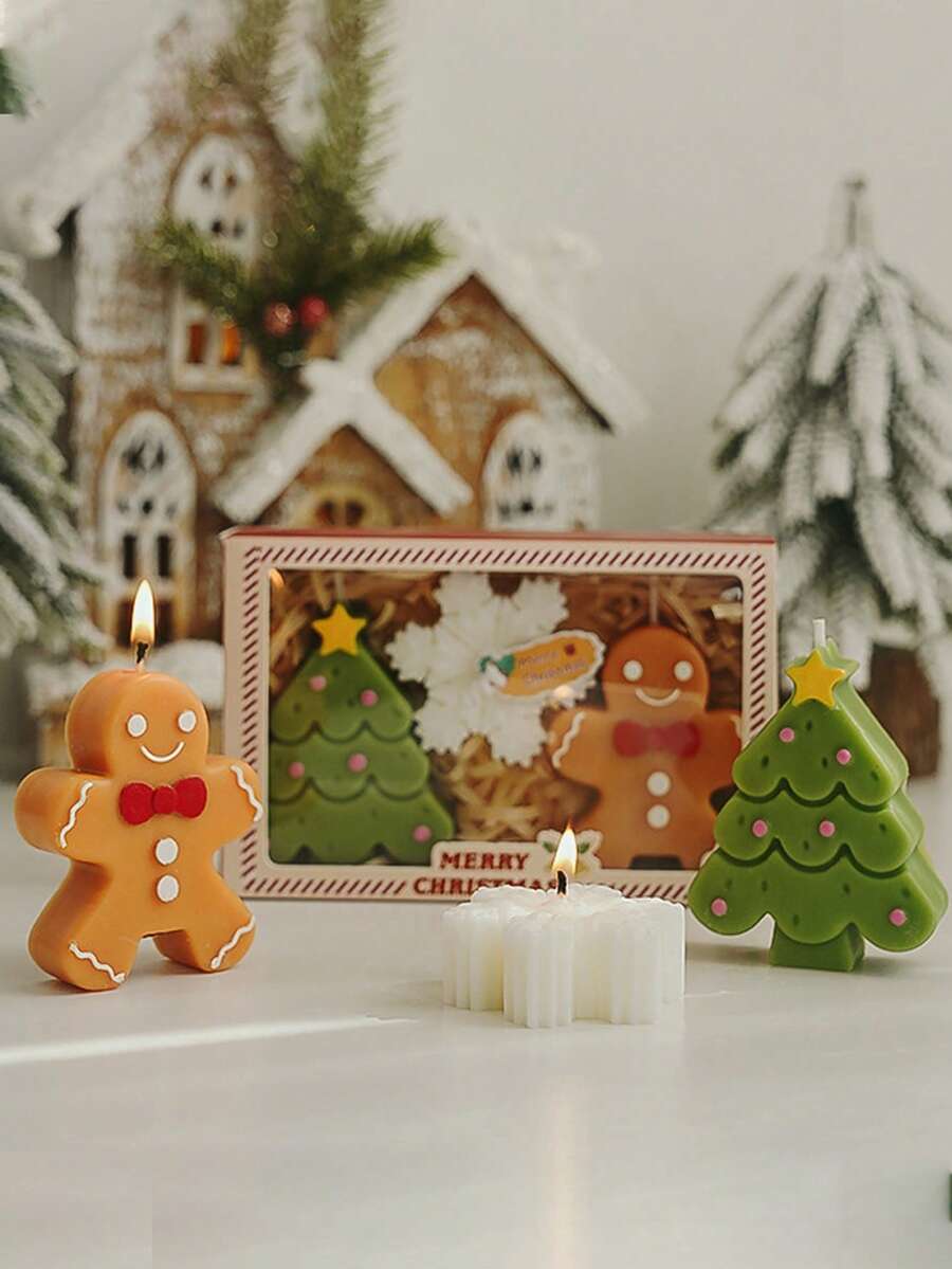 3支/盒圣诞蜡烛套装，姜饼人、圣诞树、雪花造型，手工大豆蜡香氛蜡烛，适合作为圣诞礼物、圣诞树装饰，礼盒配套，家居装饰，派对装饰，餐桌装饰，节日礼物，晚宴/派对，放松/冥想，氛围照明，约会之夜，女士礼物，圣诞装饰，房间装饰 - 彩色 - 查看 1