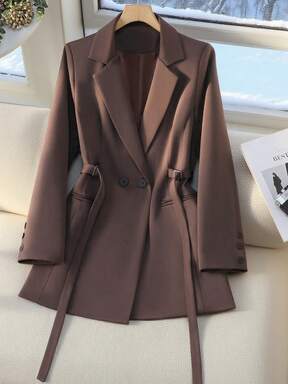 Giacca da donna con doppio petto e lacci, cappotto slim fit da pendolare di media lunghezza, tessuto fresco e fluido, elegante abbigliamento casual per donne di età compresa tra 25 e 45 anni