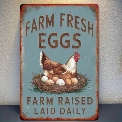 1pc Rustic "Farm Fresh Eggs" Metal Sign, 8x12 Inches, Vintage Farmhouse Decor With Chicken And Nest Graphics, Distressed Teal Background, Perfect For Outdoor Wall Art