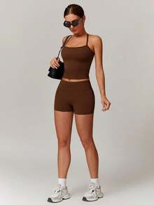 Women's Yoga Outfits Backless Strappy Sports Bra And High Waisted-Lifting Shorts Matching Workout Set - Hồng 1 - Xem 11