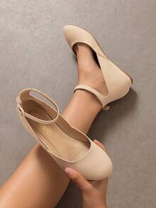 Women's Ballet Flats Low Wedge Ankle Buckle Strap Dress Office Shoes - Apricot Nubuck - View 8