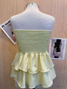Cropped Elastic Blouse With Ruffle - Pale Yellow - View 2