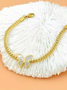 RAYQUEEN 1 pieza Conjunto de collar y pulsera de metal minimalista de alta calidad con mariposa blanca única y de moda, adecuado para uso diario - Dorado - Ver 3