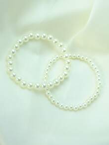2 件套仿珍珠串珠手链，优雅的波西米亚风格珠宝礼物，适合女孩/女士，可调节弹性手镯适合任何场合 - 白色 - 查看 6