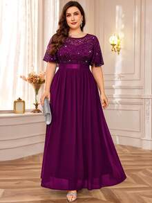 加亮片花卉蕾丝蝴蝶袖雪纺褶边晚会长裙，婚礼宾客礼服，适合生日、舞会、晚宴、节日