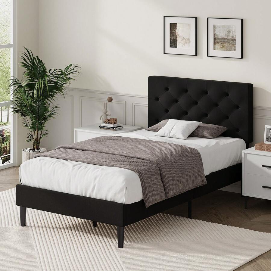 Upholstered  Bed Frame With Headboard, Linen Platform Bed  Frame With Wooden Slats Support,Twin/ Full/ Queen/ King,Pink/ White/ Blue/ Light Grey/ Dark Grey/ Black/ Cream - 黑色 - 查看 1