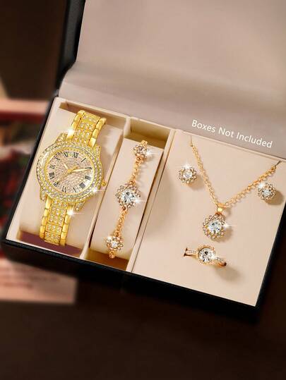 一套女士手表，锌合金表带，闪亮水钻装饰，圆形表盘，石英机芯，包含配套项链、耳环、戒指和手链，适合日常佩戴、生日礼物、派对、节日聚会等场合，是送给自己或朋友的理想礼物。不含包装盒。