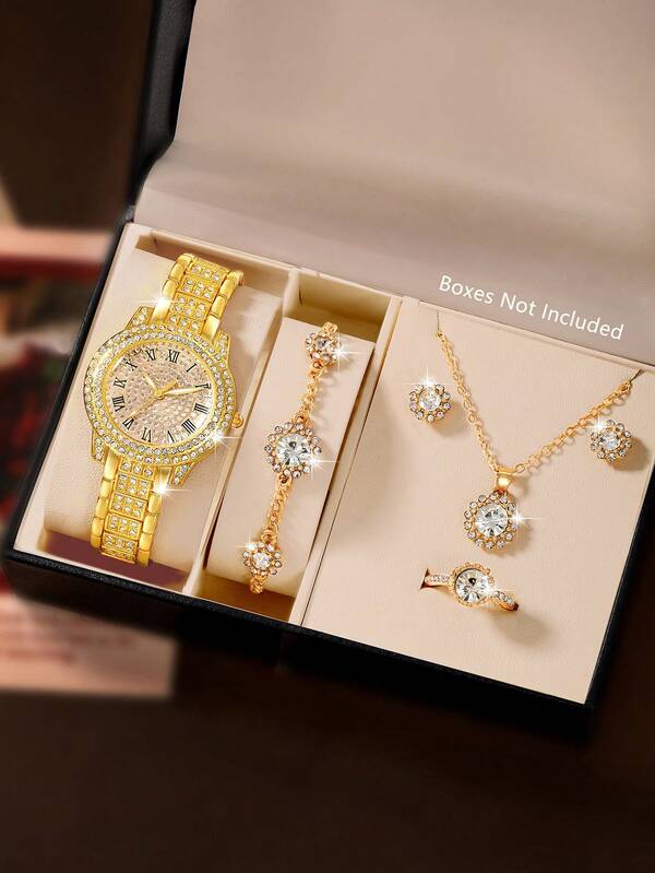 一套女士手表，锌合金表带，闪亮水钻装饰，圆形表盘，石英机芯，包含配套项链、耳环、戒指和手链，适合日常佩戴、生日礼物、派对、节日聚会等场合，是送给自己或朋友的理想礼物。不含包装盒。