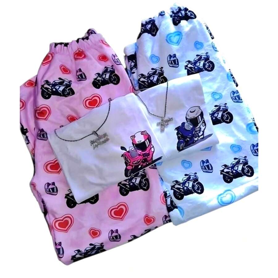Pijama Pareja Moto Biker Motero Playera + Pantalón Polar - Blanco - Ver 1
