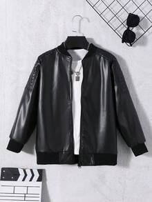 Purechapter 男童超大仿皮夹克，长袖外套，肩部褶皱设计，保暖衬里，立领拉链开合（无白色短袖） - 黑色 - 查看 1