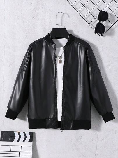 Purechapter 男童超大仿皮夹克，长袖外套，肩部褶皱设计，保暖衬里，立领拉链开合（无白色短袖）