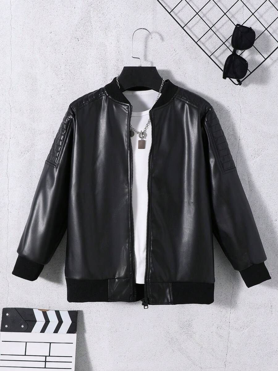 Purechapter 男童超大仿皮夹克，长袖外套，肩部褶皱设计，保暖衬里，立领拉链开合（无白色短袖） - 黑色 - 查看 1