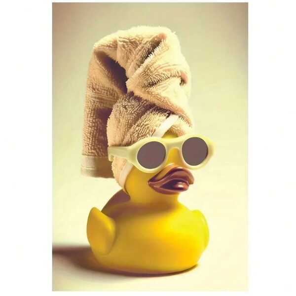 1 pièce Canard en caoutchouc original avec une œuvre d'art enveloppée dans une serviette - Canard jaune fantaisiste avec des lunettes de mode et un bonnet, décoration murale encadrée sur canevas pour la chambre, le salon, la salle de bain ou le dortoir, parfait pour la fête des mères, Pâques et des idées de cadeaux uniques, décoration de dortoir | Œuvre encadrée