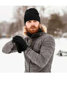 冬季无檐小便帽 + 围脖 + 触摸屏手套套装，柔软针织帽弹力手套保暖无檐小便帽套装，适合女性和男性礼物冬季无檐小便帽，颈部保暖器寒冷天气装备男女通用，温暖的冬季弹力针织手套帽子 - A - 查看 5