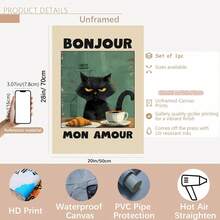 1幅黑猫海报，“Bonjour Mon Amour”绿色文字黑猫早餐艺术画，现代帆布艺术，适合厨房、客厅或家庭办公室装饰，无框，室内装饰 | 艺术墙贴 | 时尚家居装饰，猫咪装饰 - 彩色 - 查看 14