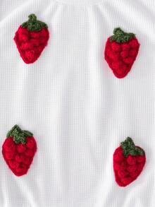 Conjunto de sudadera de cuello redondo de manga larga con estampado gráfico de fresa de gofre + pantalones acampanados de color liso acanalado para niñas, otoño/invierno - Blanco - Ver 4