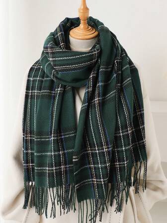 1pc Fall Winter Women Elegant Vintage Multi Color Plaid Stripe Jacquard Faux Cashmere Scarf/Shawl,With Tassels, Winter Warm Casual Thick Style Neck Scarf For Dress
