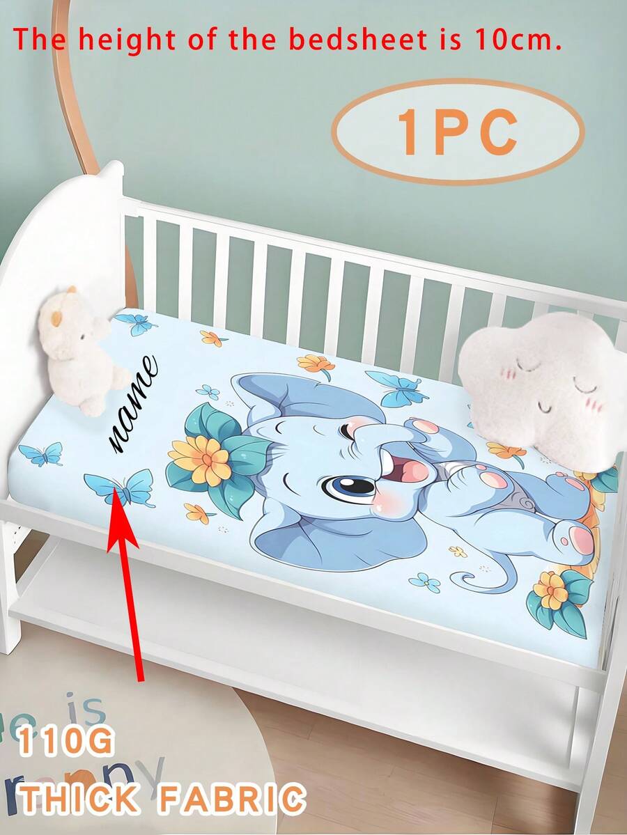 1PC Customized 110g Polyester Single Bed Sheet Q Cute Cartoon Elephant Baby, Customized Name Digital Printing, Polyester Fabric, Non Slip Bed Cover Single Piece, Easy To Clean Suitable For Boys And Girls In Children'S Rooms - Multicolor - View 1