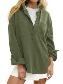 Fisoew Women Oversized Sweatshirt Long Sleeve Henley V Neck Pullover Top Fall Winter Cozy Loungewear Casual Streetwear Soft Y2K Vintage Blouse - xanh quân đội - Xem 1