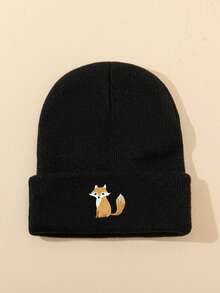 1pc Unisex Cartoon Fox Embroidery Beanie, Elastic Warm Casual Outdoor Fashion Knit Hat, Versatile Thin Style Suitable For Daily Wear, Gift Autumn Outfits - A - View 3