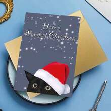 Christmas Greeting Card With Envelope - 1pc - "Have A Purrfect Christmas" Black Cat With Santa Hat Holiday Card For Anyone