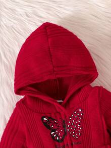 2 件套女婴甜美温柔蝴蝶印花字母针织连帽衫和裤子套装 - 酒紅色 - 查看 3