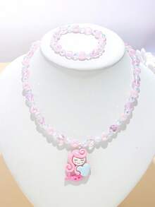 5件套女孩可爱美人鱼花朵吊坠首饰套装 - 手链和项链，适合日常佩戴、节日、生日礼物