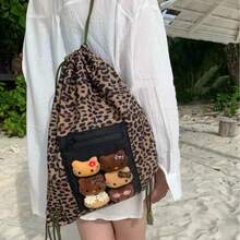 美式复古背包 2024 新款大容量抽绳豹纹背包多功能休闲包，学院风上学背包，便携旅行包，适合节日海滩度假用品，夏季旅行必备，适合前往医院、宿舍、学校、度假酒店，旅行必备物品。 - 彩色 - 查看 10