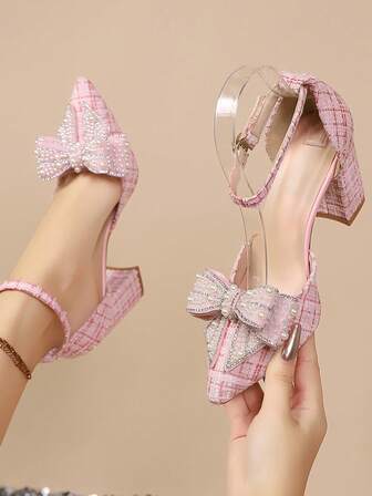 2025 Frühling/Sommer Neue Spitze Zehen High Heel Sandalen mit Strass, Schleife Transparente Feenriemen im französischen Stil, Elegant, Damen Pumps, Elegant, Party Outfits