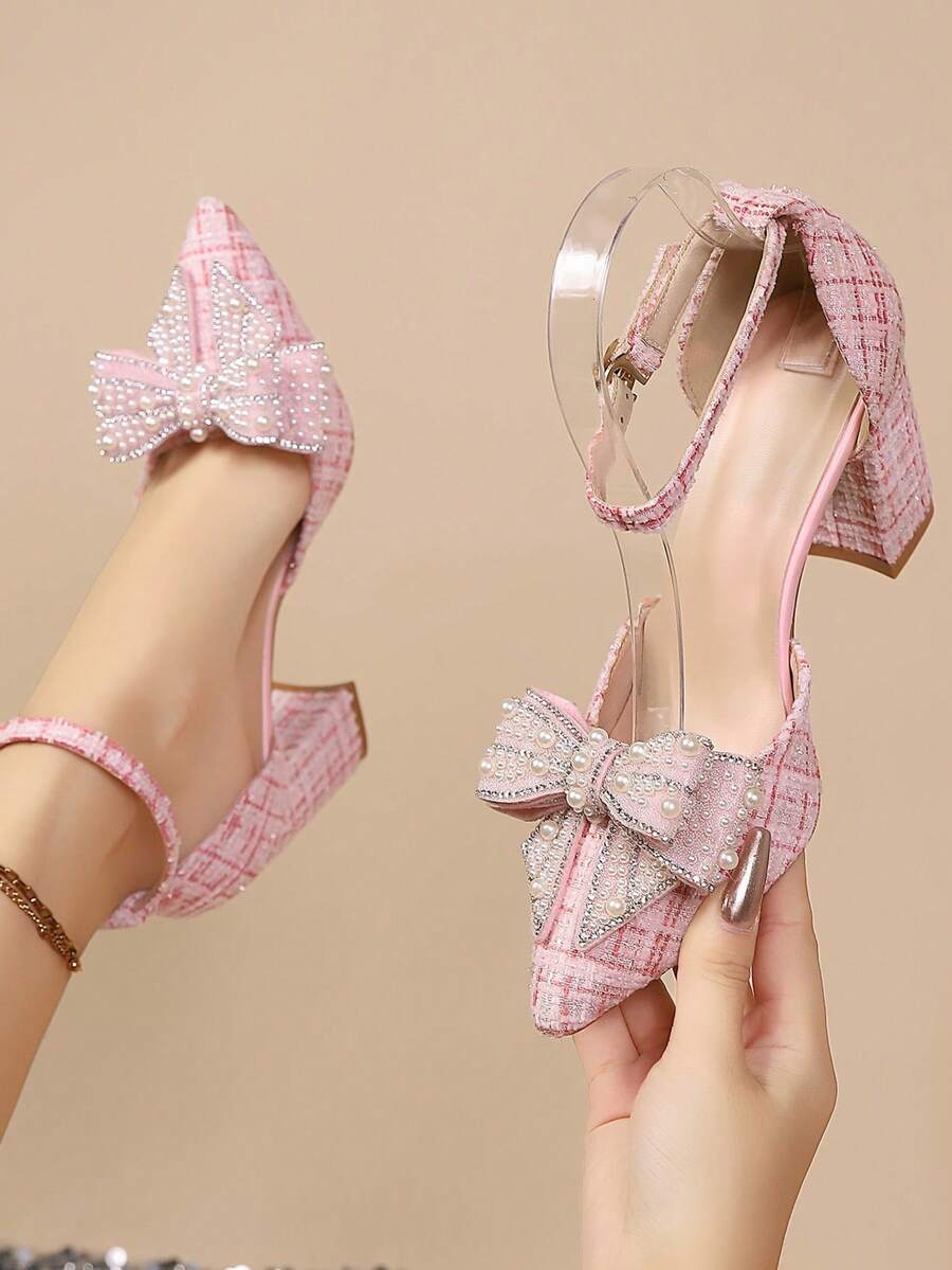 2025春夏新款尖头高跟凉鞋，镶钻，蝴蝶结透明仙女带法式风格，优雅女士高跟鞋，适合派对、婚礼等场合。 - 粉色 - 查看 1
