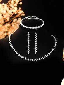4 件全水钻几何精致百搭高端项链、耳环和手链首饰套装，适合女性日常通勤、校园约会、婚礼派对、情人节、节日礼物 - 精緻百搭項鍊套裝 - 查看 10