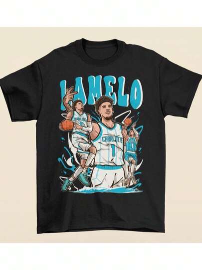 1pc Camiseta de Algodón 100% para Hombres y Mujeres - Impresión Gráfica Negra con LAMELO y Diseño, Tela Pesada de 180gsm, Camiseta Casual de Cuello Redondo de Ajuste Regular para Fanáticos del Deporte