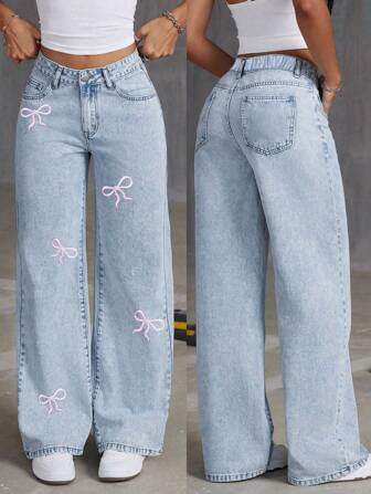 Teen Girl's Loose Fit Comfortable Butterfly Print Flare Denim Jeans
