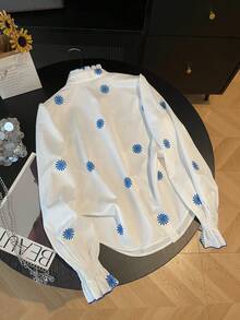 Perceive Floral Print Frill Collar Long Sleeve Women Shirt, Business Casual Wear For Autumn/Winter - White - View 3