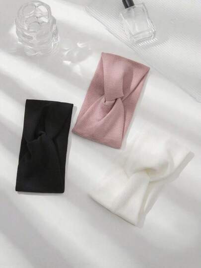 3 件装女士纯色条纹弹力交叉头带发饰健身发带瑜伽吸汗带秋冬头巾秋季头带适合度假装女士