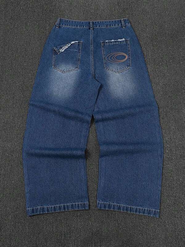 Men's Casual Washed Blue Jeans, Street-Style Pockets & Embroidery Details