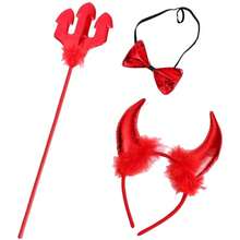 Halloween Demon Cosplay Props Accessories Set Halloween Party Demon Fork Headband Tail Ears Horns Red
