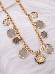 1pc Exaggerated Geometric Coin Badge Pendant Multi-Layer Necklace, Luxurious Retro Design Fashion Accessory - Badge Layered Necklace - View 7