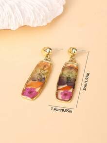 一对时尚多色干花树脂效果矩形吊坠耳环，精致百搭，适合女性佩戴，适合度假、派对和日常佩戴。实物干花与图片略有差异 - 彩色 - 查看 5