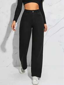 Mezclilla Talla Grande para Mujer Cintura Alta Elásticos Larga Duración Jeans de pierna ancha de ajuste relajado de cintura alta para mujer - Negro - Ver 1