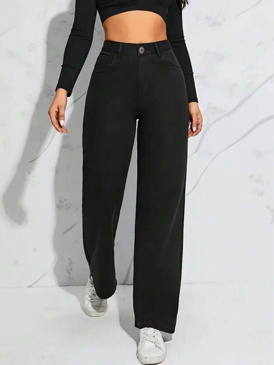 Mezclilla Talla Grande para Mujer Cintura Alta Elásticos Larga Duración Jeans de pierna ancha de ajuste relajado de cintura alta para mujer - Negro - Ver 1